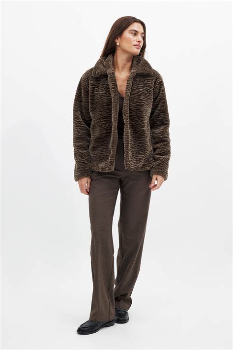 Faux Fur PU Details Jacket Brown | NA-KD