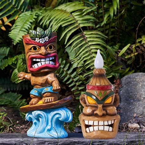 Yiosax Outdoor Tiki Statue Decor 2Pcs Combination -Solar Tiki Statues ...