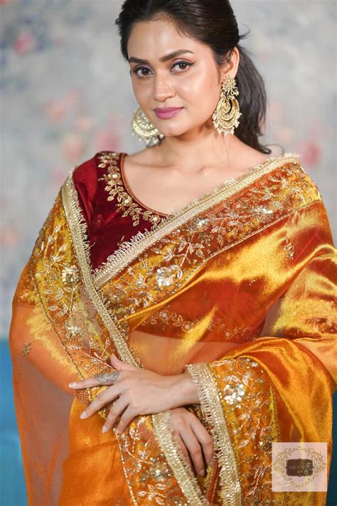 Fiery Gold Zari Tissue Anaya Saree for Indian Wedding - kreationbykj ...