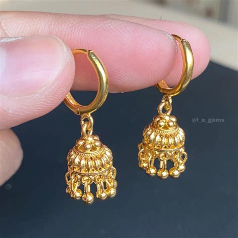 Gold Jhumka on Hoops • 20k Gold Plated • Mini Jhumka Earrings • Indian ...