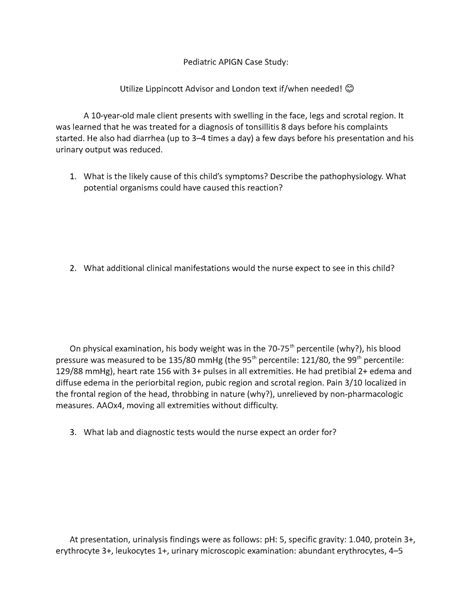 Pediatric Apign Case Study (Student) - Pediatric APIGN Case Study: Utilize Lippincott Advisor ...