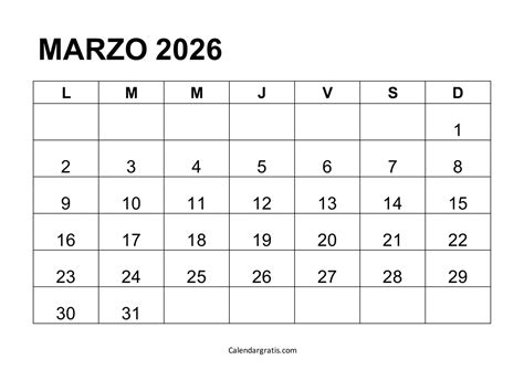 calendario marzo 2026 para imprimir gratis