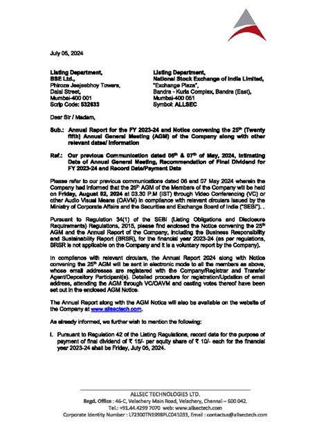 Annual report allsec 1 - July 05, 2024 Listing Department, Listing ...