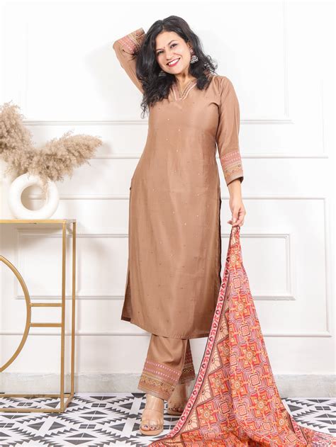 Kashish Soft Brown V Neck Thread with Patra Work Modal 3 Piece Set ...