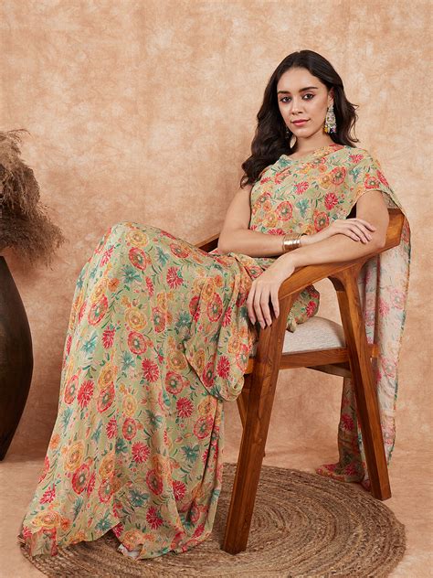 Pear Green Red Floral Skirt Saree