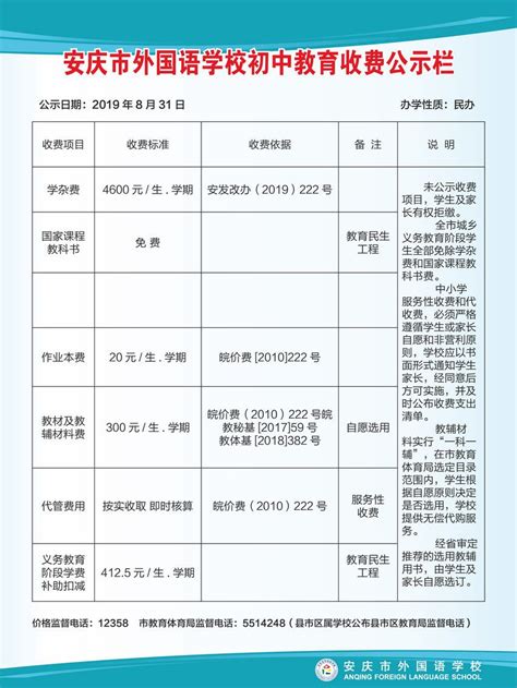 2019年安庆市外国语学校收费公示栏 - 收费公示 - 安庆外国语