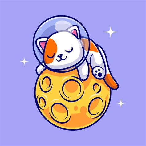 Słodki kot astronauta śpi na księżycu kreskówka wektor ikona ilustracja ...