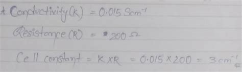 Resistance of a 0.1 M KCl solution in a conductancecell is 200 ohm and ...
