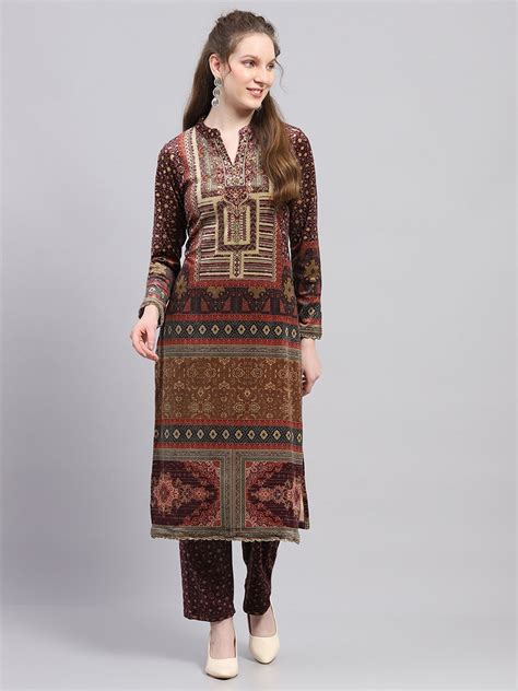 Buy Women Maroon Printed Round Neck Full Sleeve Kurti Set for Winter ...