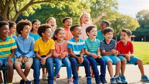 A group of children sit on a bench and smile for the camera | Premium ...