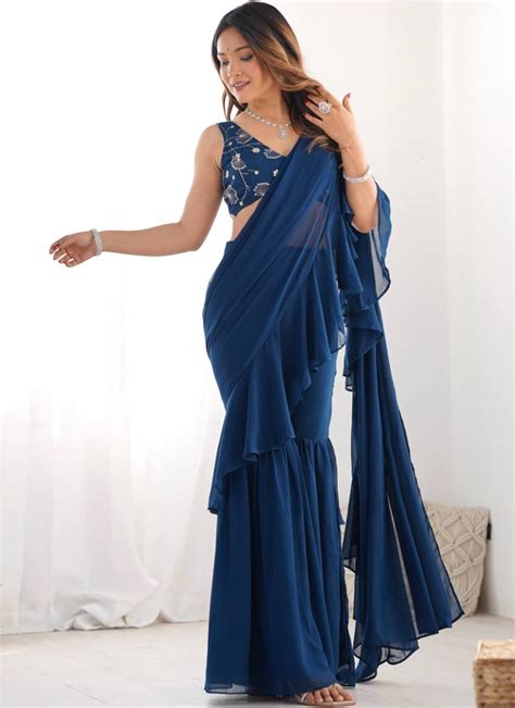Designer Navy Blue Georgette Sharara Saree With Sequence Work Blouse ...
