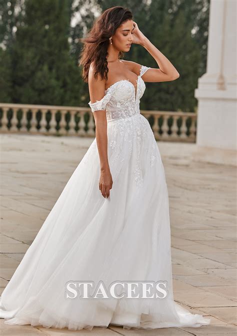 Sparkly Off-Shoulder Floral Embroidered Lace Sweep Train Wedding Dress with High Slit S3088W ...
