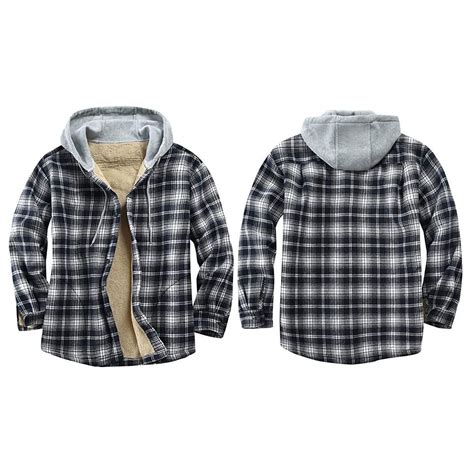 Men's Flannel Shirt Jacket Fleece Lined Plaid Coat Full Zip Up Hoodie ...