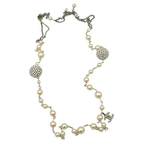 Chanel 5 Silver CC Crystal Faux Pearl Long Necklace at 1stDibs | faux ...