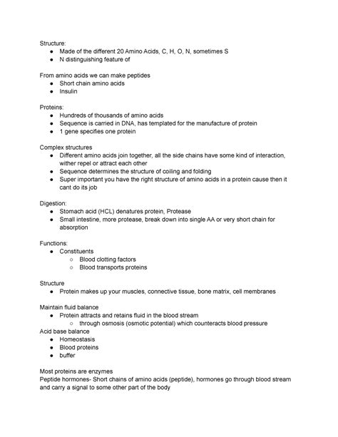 Protein Notes - Structure: Made of the different 20 Amino Acids, C, H ...