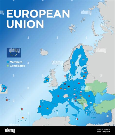 European Union map with the territorial division of the states with names and flags of the ...