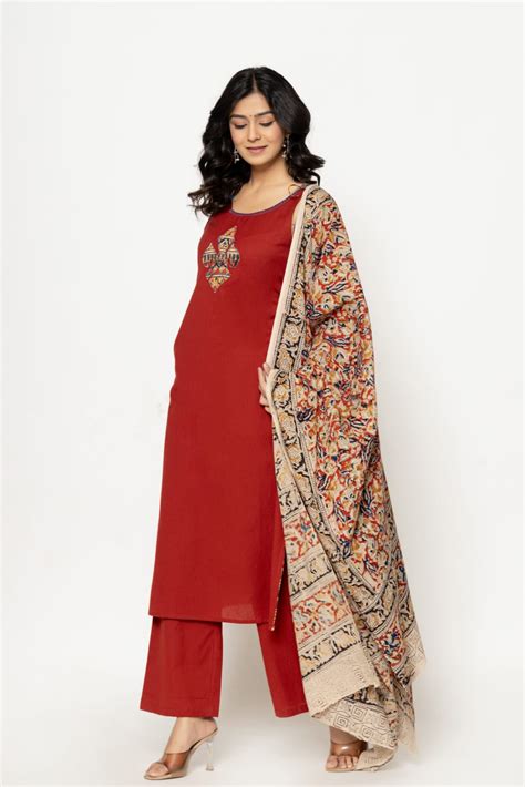 Maroon Mul Cotton With Kalamakari Dupatta Kurtha 440 – House of Raadhvi