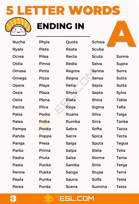 5 Letter Words Ending in A (800+ Words in English) • 7ESL