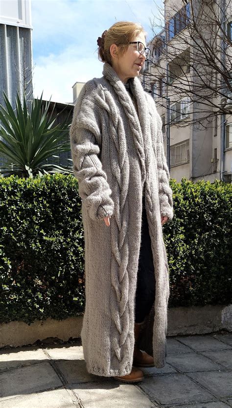 100% Pure Wool, Floor Length Sweater Cardigan, Shawl Collar Cable Knit ...