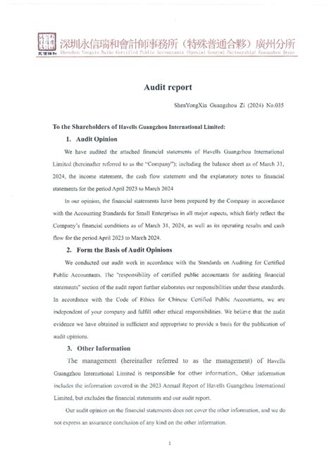 Audit Report for Havells Guangzhou International Limited (April 2023 ...