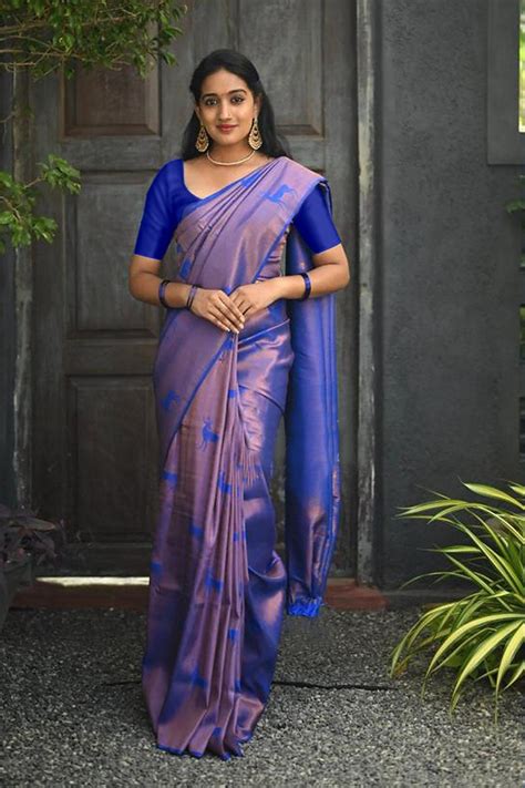Women's Weaving Banarasi Jacquard Blue Kanjivaram Saree – Trendia
