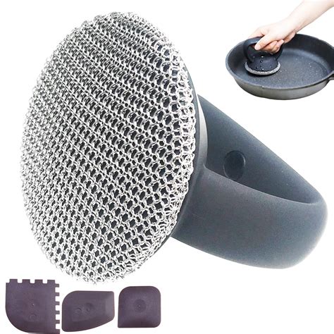 JSvsza Cast Iron Scrubber with 3 Pan Scraper, 316 Cast Iron Cleaner ...
