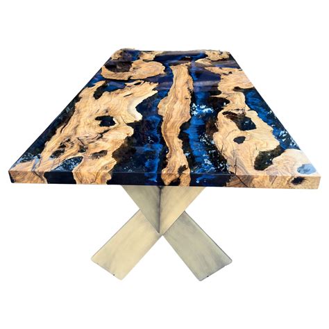 Custom Blue Ancient Olive Wood Epoxy Resin River Dining Table For Sale ...