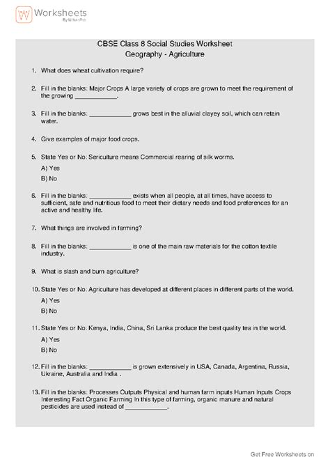 Agriculture CBSE Class 8 Social Studies Worksheet on Crops and Farming ...