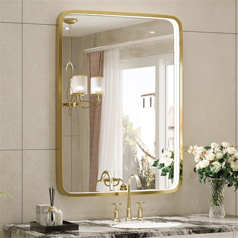 FTOTI 20X28 Inch Framed LED Lighted Bathroom Mirror,Wall Mounted Gold ...