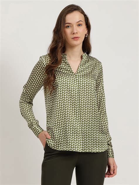 Buy Olive Satin Mandarin Neck Top Online | FableStreet