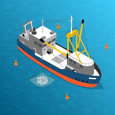 Commercial fishing boat in open sea loading net with fish 3d isometric ...