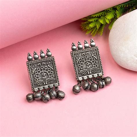 New Oxidised Silver Look Peacock Patch Earrings with Hangings – Sasitrends