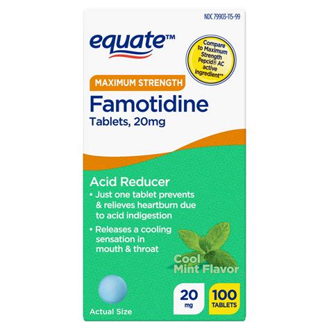 Equate Famotidine Tablets 20 mg, Cool Mint, for Heartburn, 100 Count, Compare to Maximum ...