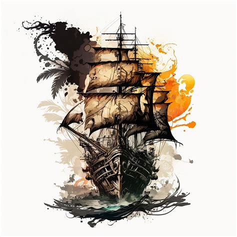Buy Pirate Ship Tattoo Design White Background PNG File Download High ...