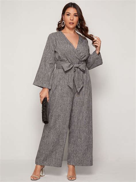 SHEIN Plus Surplice Neck Self Belted Wide Leg Linen Look Jumpsuit ...