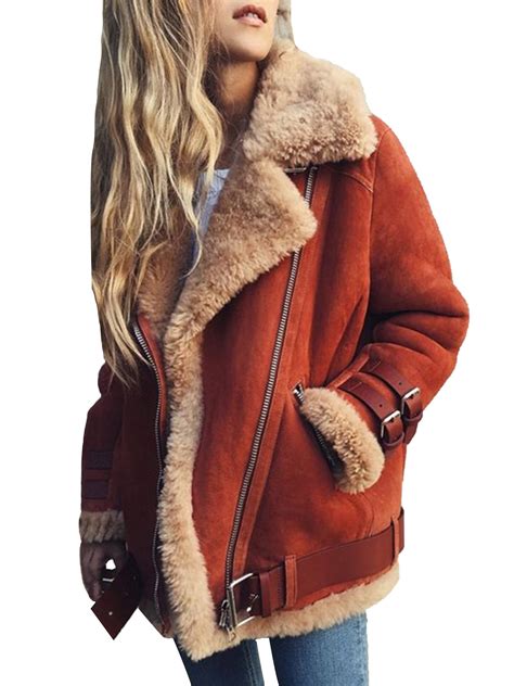 Winter Fleece Suede Jacket Women Lamb Flannel Lined Motorcycle ...
