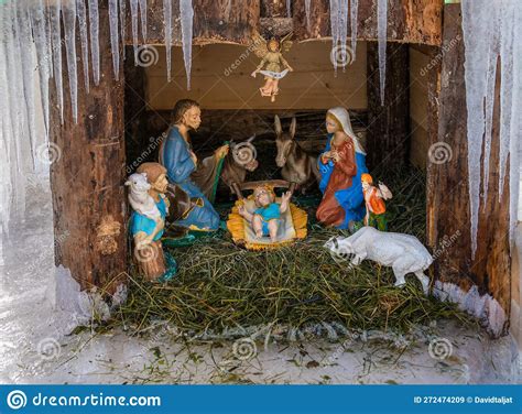 Christmas cribs in ice editorial stock image. Image of birth - 272474209