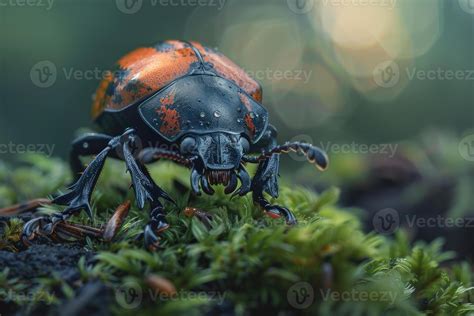 Large black and orange beetle standing on moss in a lush forest ...