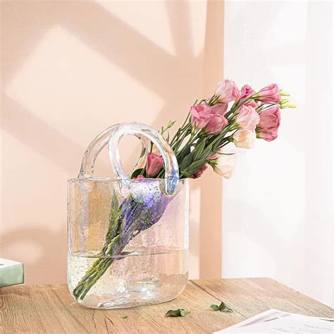 Hewego Glass Purse Vase for Flowers,Iridescent Clear Vase with Elegant ...