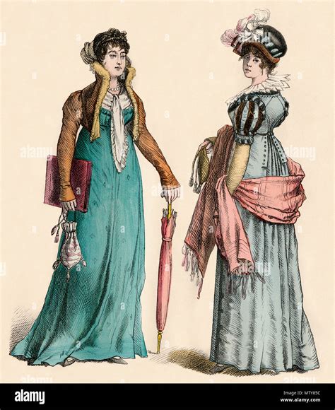 European women's fashion, early 1800s. Hand-colored print Stock Photo ...