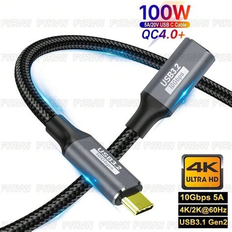 Cabo de extensão USB C USB3.1 10 Gbps PD100W Cabo macho para fêmea Tipo ...