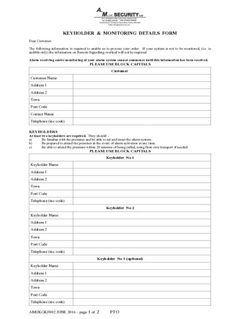 Fillable Online KEYHOLDER & MONITORING DETAILS FORM - A.M.UK SECURITY ...
