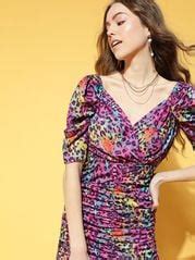 plusS Multi-coloured Abstract Ruched Dress – pluss.in