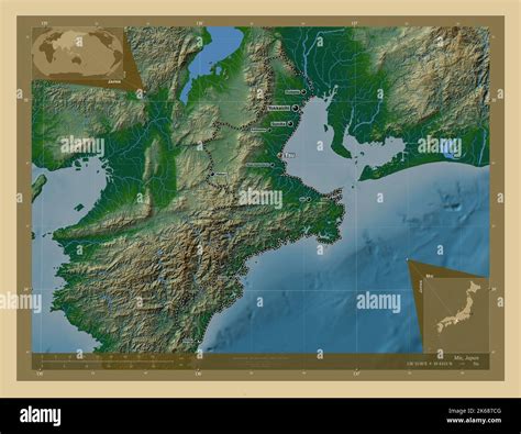 Mie, prefecture of Japan. Colored elevation map with lakes and rivers ...