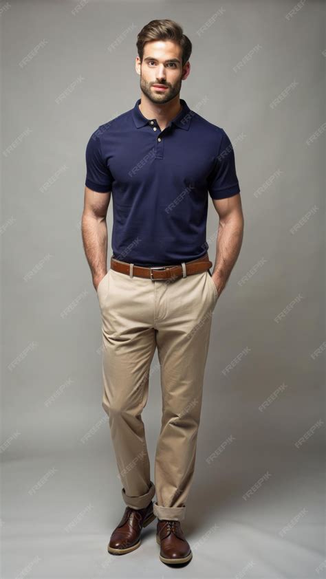 Man in Navy Polo Shirt and Khaki Pants Standing in a Studio Generative ...