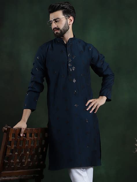 Men's Cotton Silk Sequinned Neck Embroidered Teal Blue Long Kurta – Sojanya
