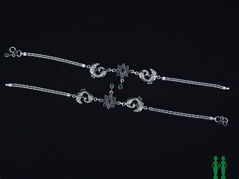 Pair Of Peacock Design With Kemp Stone Silver Anklets – Sundari Silks