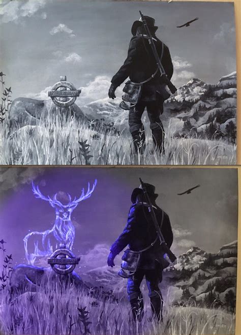 Just finished this RDR2 painting that has a hidden Easter egg under a UV light : reddeadredemption