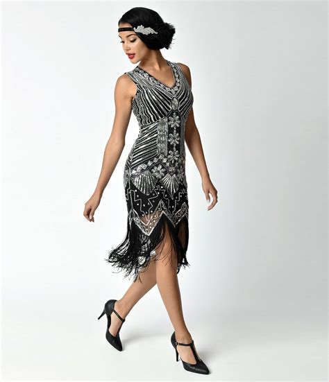 Unique Vintage 1920s Deco Silver & Black Veronique Fringe Flapper Dres ...