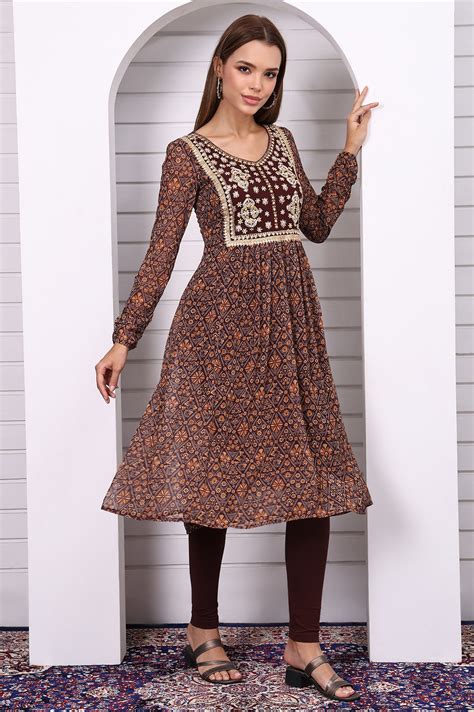 Buy Brown Geometric Printed Zari Embroidered Georgette A-line Kurta ...